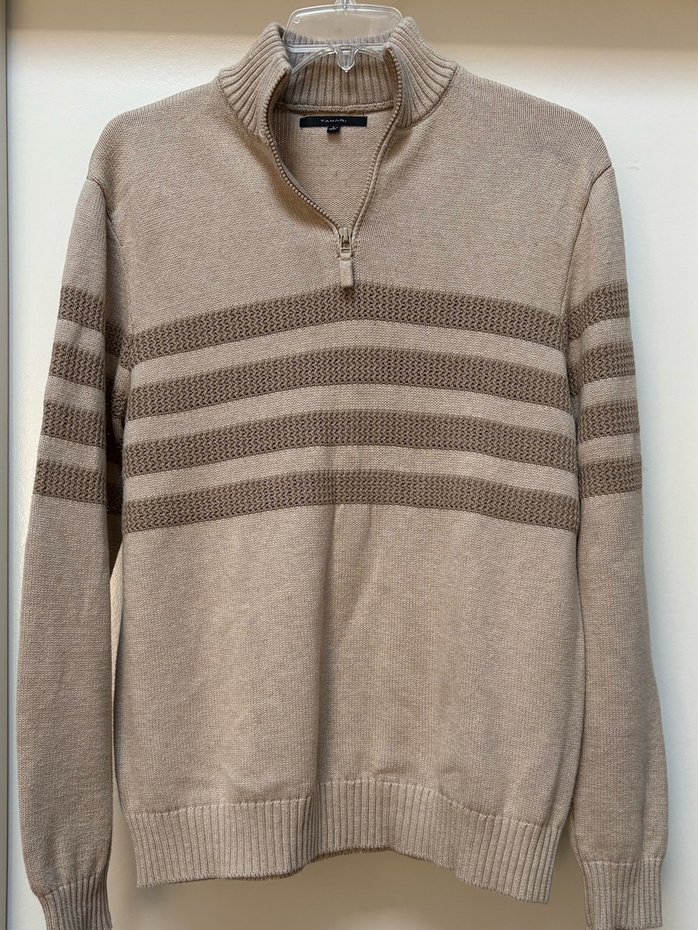 Tahari Mens Tan Quarter Zip Sweater Striped Cotton Knit Mock Neck Pullover Large - Picture 2 of 6